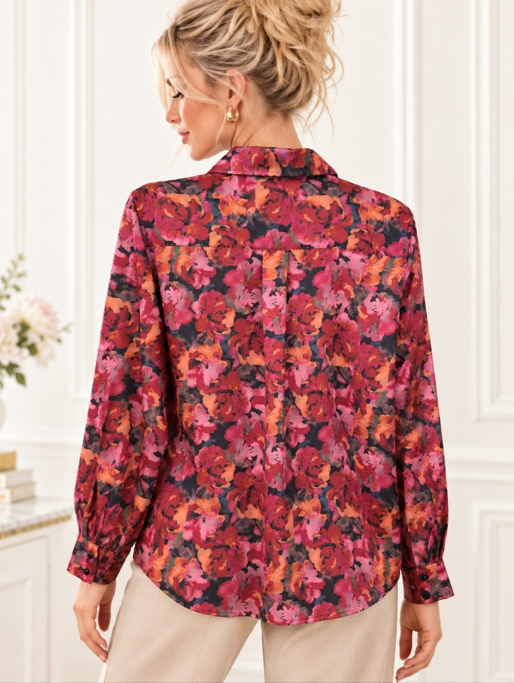 Draper’s & Damon’s | Silky Floral Button Blouse | Fall Roses | Size Large - Picture 3 of 9
